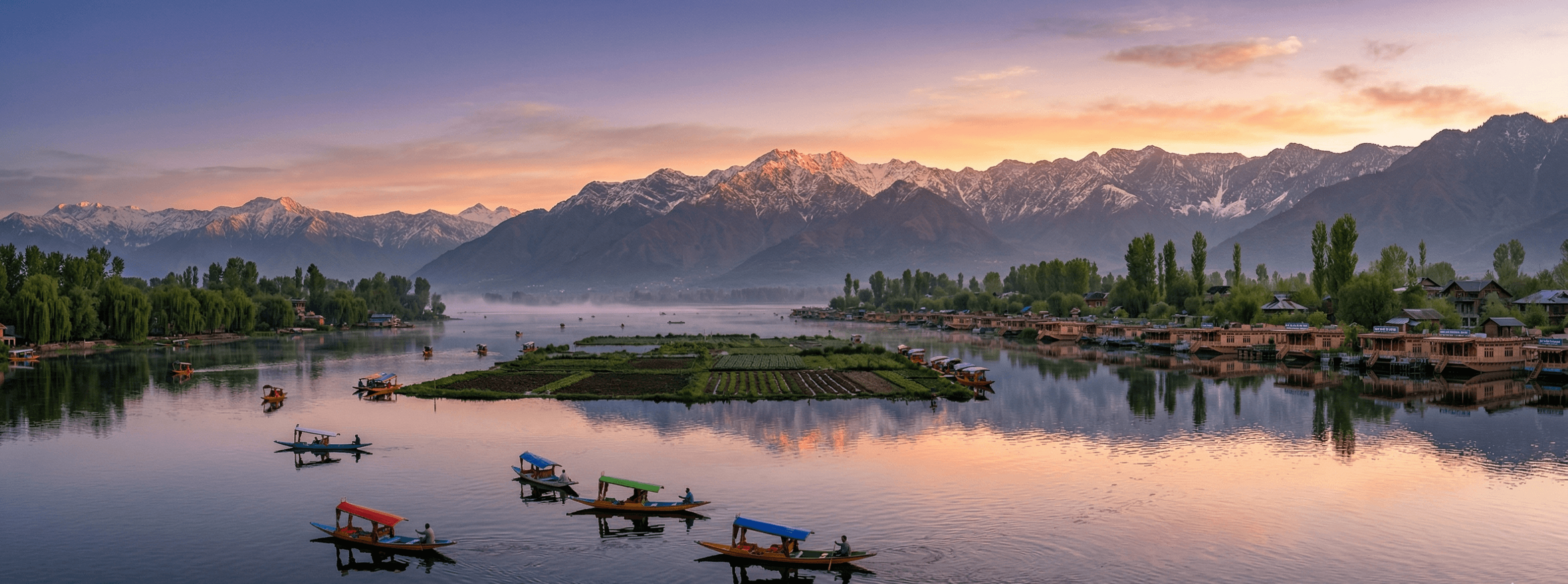 Dal Lake shikara at dusk with Zabarwan mountains behind — Day 1 of a Kashmir 7-day itinerary