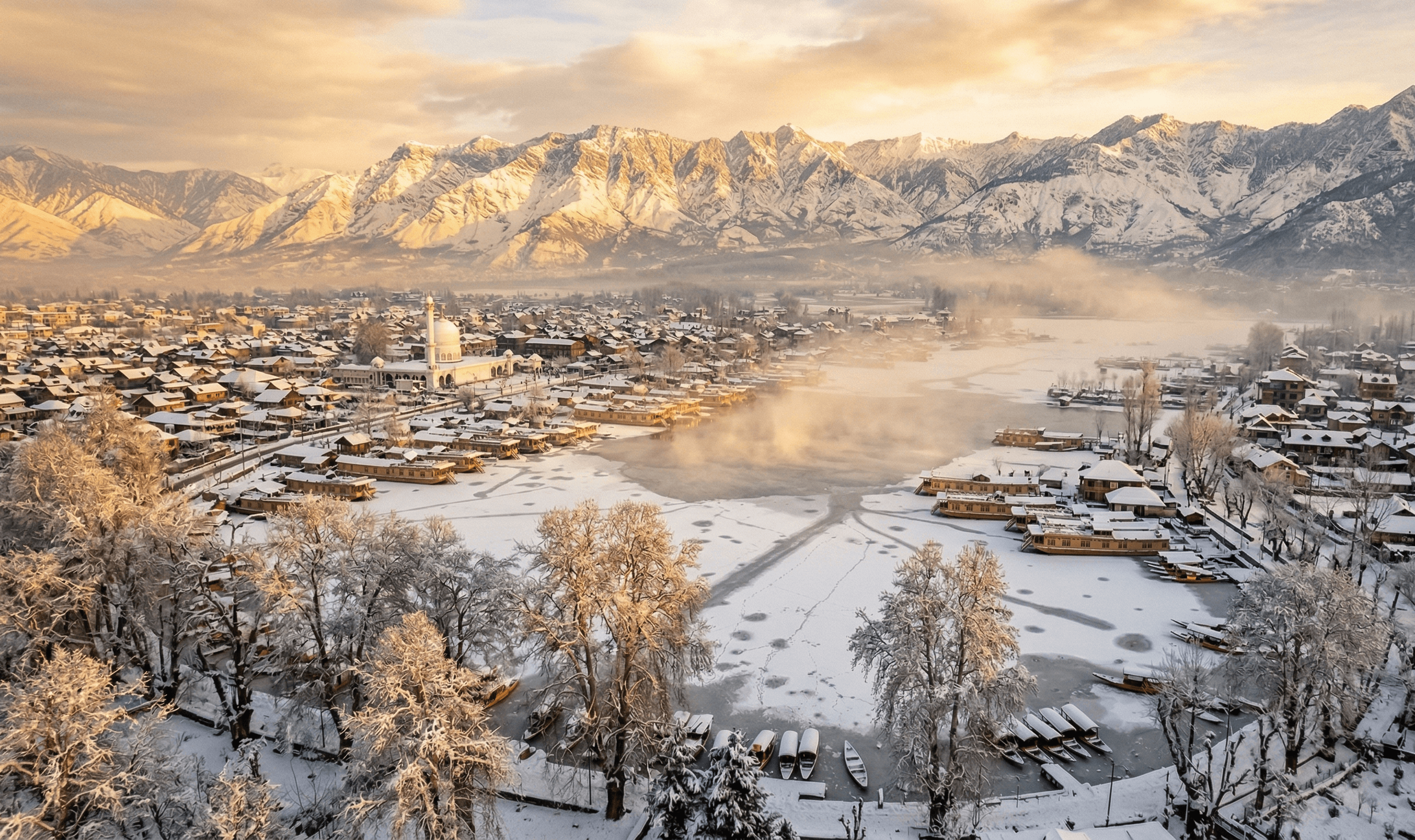 Snow-covered Srinagar with frozen Dal Lake and Chinar trees in winter