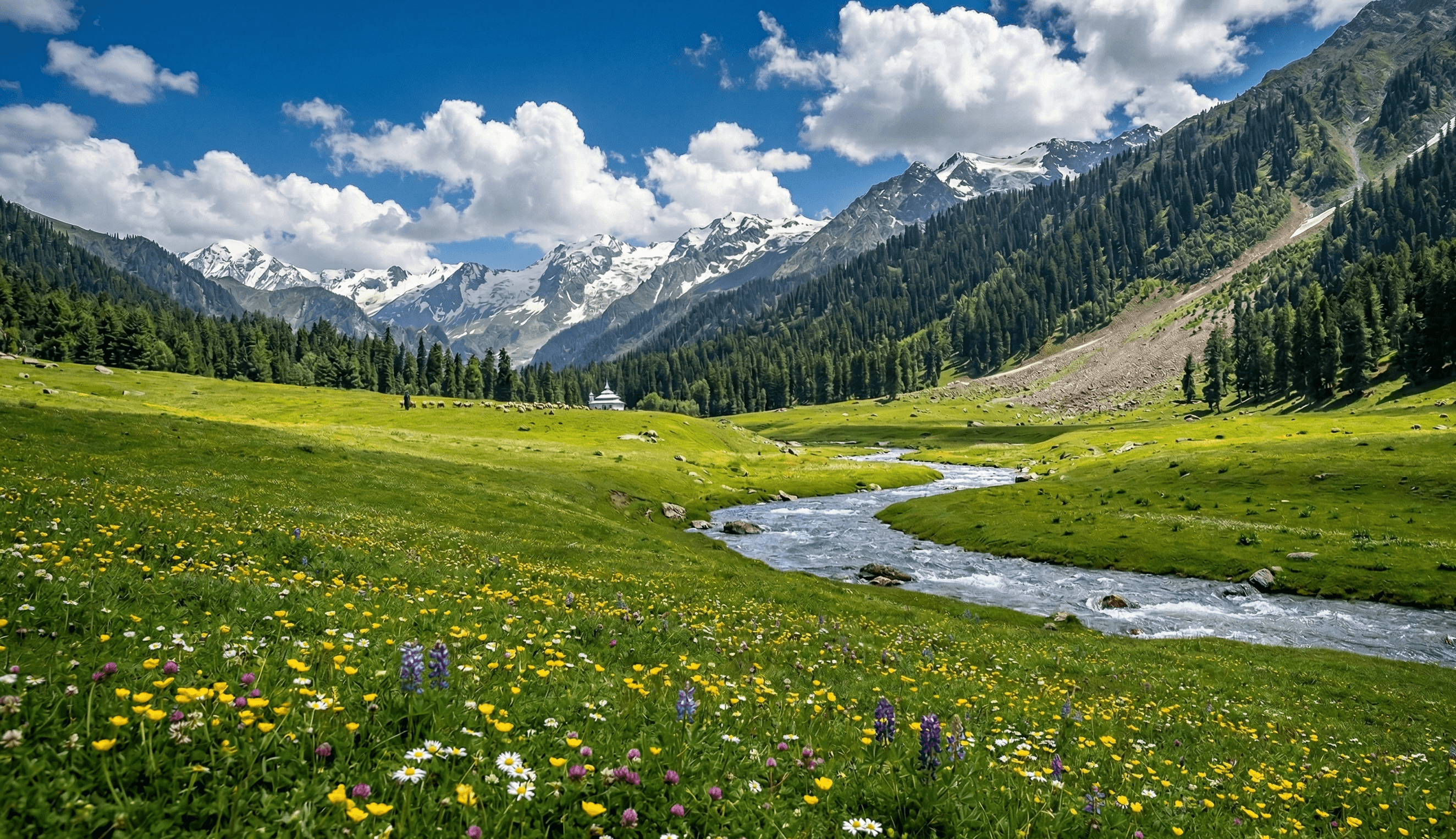 Pristine alpine meadow in Dodhpathri with Himalayan peaks and shepherd huts