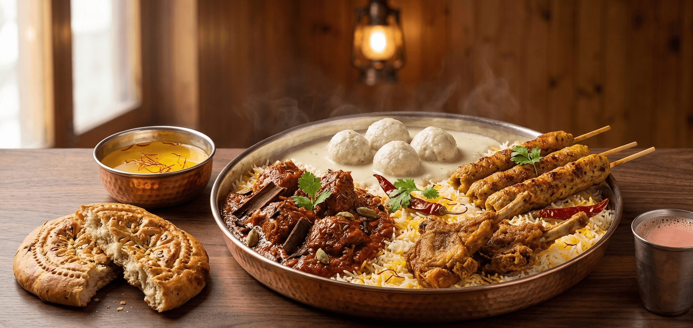 Kashmiri Wazwan feast with Rogan Josh, Gushtaba and Kashmiri bread on copper platter